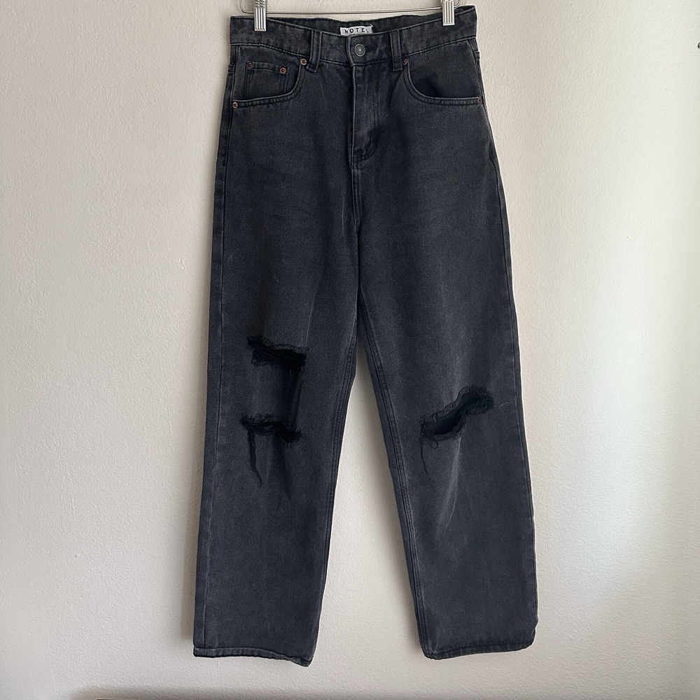Motel Rocks Distressed Straight Leg Jeans 28x30 Black High Rise Ripped Knee